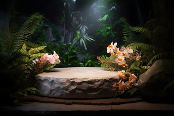 Natural floral Stone and Concrete Podium Adorned with moss. Empty Showcase for Packaging Product Presentation