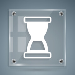 White Old hourglass with flowing sand icon isolated on grey background. Sand clock sign. Business and time management concept. Square glass panels. Vector