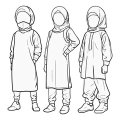 Hand drawn line art muslim girl isolated on white background