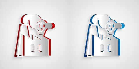 Paper cut Smoke from factory icon isolated on grey background. Environmental pollution problem, smoke pipes of factory, ecology industrial harm. Paper art style. Vector