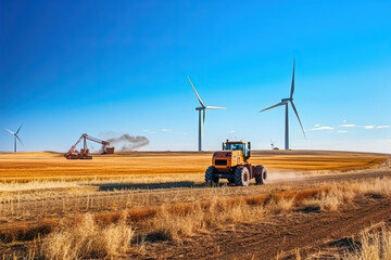 Autumn landscape. The work of the tractor on the background of windmills.