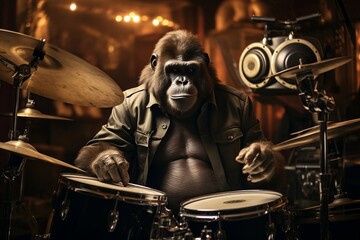 Fototapeta na wymiar A talented gorilla drummer rocking the stage, Generative Ai