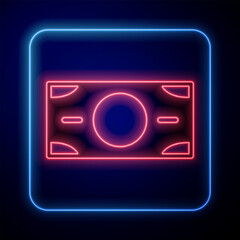 Glowing neon Stacks paper money cash icon isolated on black background. Money banknotes stacks. Bill currency. Vector