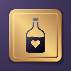 Purple Bottle with love potion icon isolated on purple background. Happy Valentines day. Gold square button. Vector