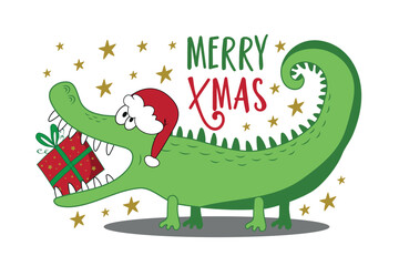 Merry Xmas - funny alligator or crocodile in Santa's hat, and with Christmas present. Good for Baby clothes, greeting card, label, and other gifts design.