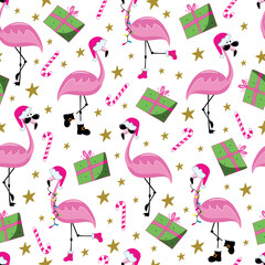 Christmas flamingo seamless pattern. Funny flamingos in Santa's hat. Gift box and candy cane. Good for textile print, wrapping and wall paper, covering.