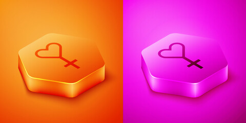Isometric Female gender symbol icon isolated on orange and pink background. Venus symbol. The symbol for a female organism or woman. Hexagon button. Vector