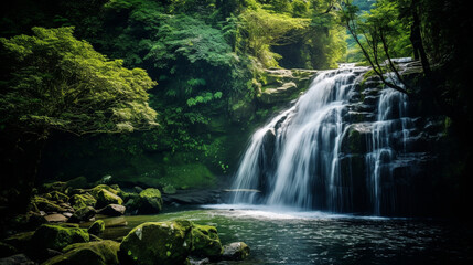 Obraz premium A majestic waterfall cascading down a lush green forest, capturing the allure of natural wonders Generative AI