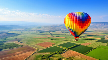 A hot air balloon floating above a patchwork of colorful fields, exemplifying the thrill of aerial tourism Generative AI