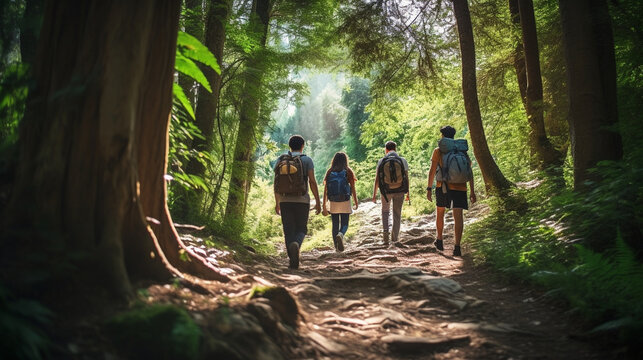 A group of friends hiking through a scenic forest, exploring the beauty of ecotourism Generative AI