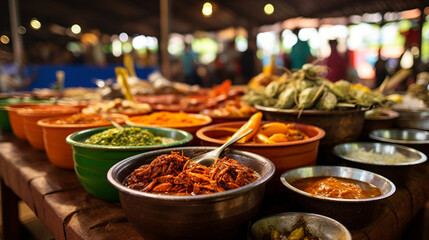 A vibrant food market with an array of local delicacies, tempting visitors to embark on culinary tourism Generative AI
