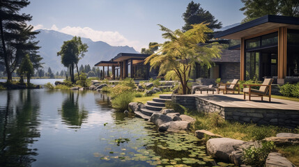 Fototapeta na wymiar A tranquil lakeside retreat surrounded by towering mountains, inviting visitors to embrace the tranquility of nature Generative AI