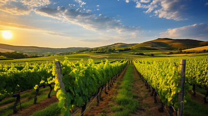 Naklejka premium A picturesque vineyard with rows of lush grapevines, showcasing the allure of agrotourism and farm experiences Generative AI