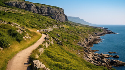 Fototapeta na wymiar A scenic coastal path winding along rugged cliffs, enticing visitors to embark on coastal tourism adventures Generative AI