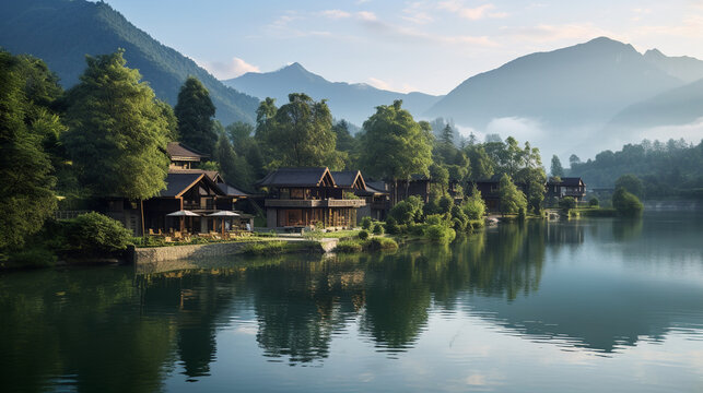 A tranquil lakeside retreat surrounded by towering mountains, inviting visitors to embrace the tranquility of nature Generative AI
