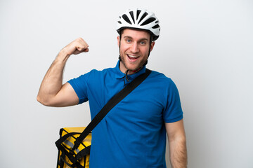 Young caucasian man with thermal backpack isolated on white background doing strong gesture