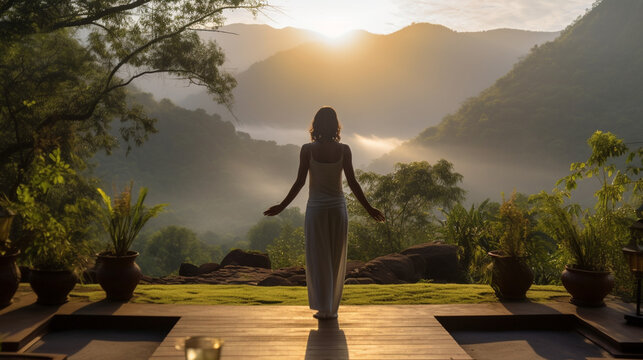 A serene yoga retreat nestled in nature, offering a sanctuary for wellness and spiritual tourism Generative AI