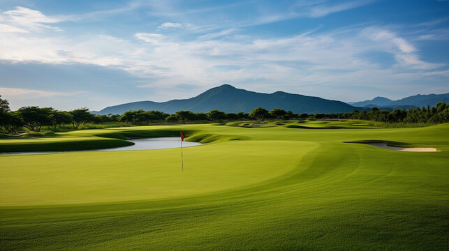 A scenic golf course with lush green fairways and beautiful landscapes, enticing golf enthusiasts to indulge in golf tourism Generative AI