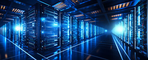 Rack housing server data storage hardware, Binary code tunnel background, Futuristic blue server room panoramic background