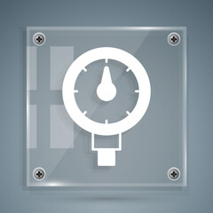 White Tire pressure gauge icon isolated on grey background. Checking tire pressure. Gauge, manometer. Car safe concept. Square glass panels. Vector