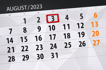 Obraz premium Calendar 2023, deadline, day, month, page, organizer, date, August, thursday, number 3