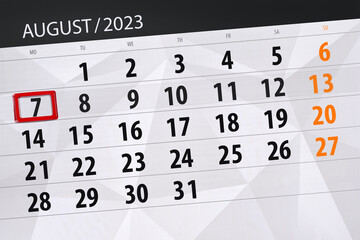 Calendar 2023, deadline, day, month, page, organizer, date, August, monday, number 7