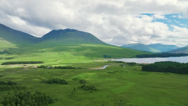 Loch Tulla and Beinn Dorain from a drone, Glen Coe, Highlands, Scotland, UK