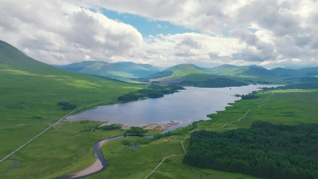 Loch Tulla and Beinn Dorain from a drone, Glen Coe, Highlands, Scotland, UK