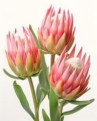 Protea buds closeup. Bunch of pink King Protea flowers isolated on white