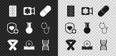 Set Pills in blister pack, Medical symbol of the Emergency, Medicine pill or tablet, Awareness ribbon, Otolaryngological head reflector, DNA, Shield and heart rate and Test tube flask icon. Vector