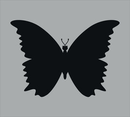Black silhouette of a butterfly. Vector on gray background