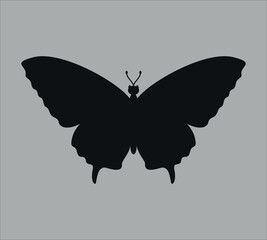 Black silhouette of a butterfly. Vector on gray background