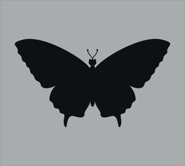 Black silhouette of a butterfly. Vector on gray background