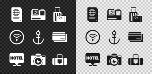 Set Passport, Action extreme camera, Suitcase, Location hotel, Photo, Wi-Fi wireless internet network and Anchor icon. Vector