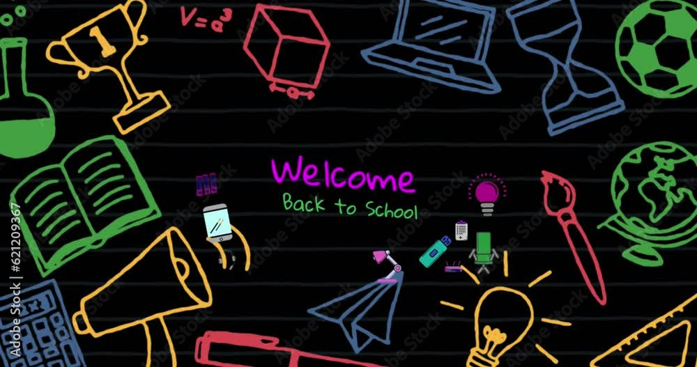 Sticker Animation of back to school text and school icons on black background