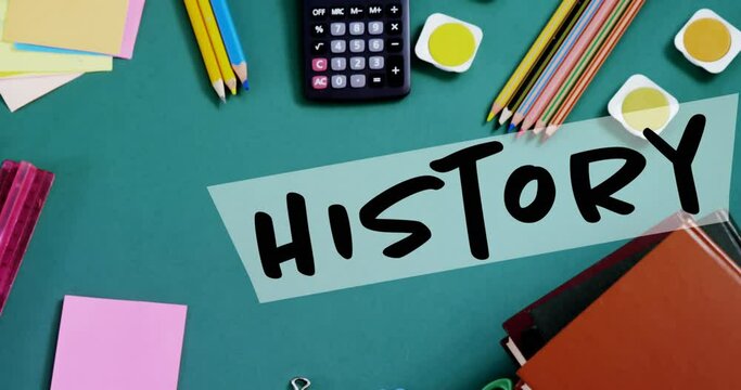 Animation of history text and school items on green background