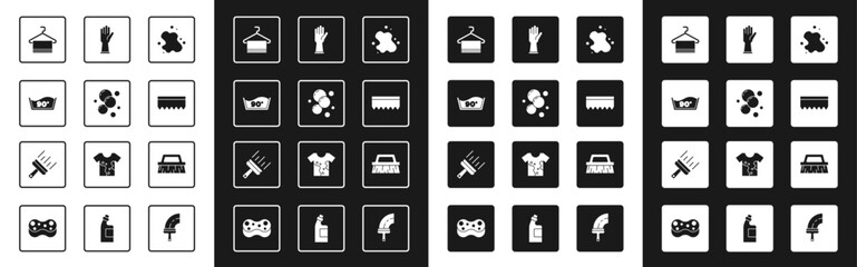 Set Water spill, Soap water bubbles, Temperature wash, Towel on hanger, Sponge, Rubber gloves, Brush for cleaning and cleaner windows icon. Vector