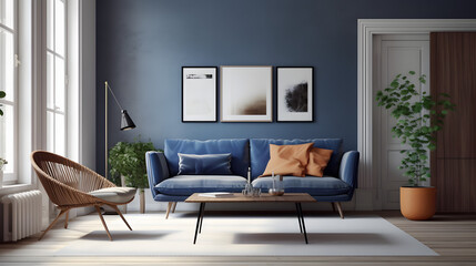 Dark blue sofa and recliner chair in scandinavian apartment. Interior design of modern living room. Created with generative - obrazy, fototapety, plakaty