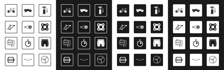 Set Bicycle air pump, chain with gear, frame, shoes, Cycling shorts and Stopwatch icon. Vector © Vadim