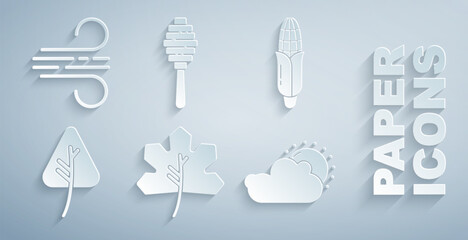 Set Leaf or leaves, Corn, Sun and cloud weather, Honey dipper stick and Wind icon. Vector