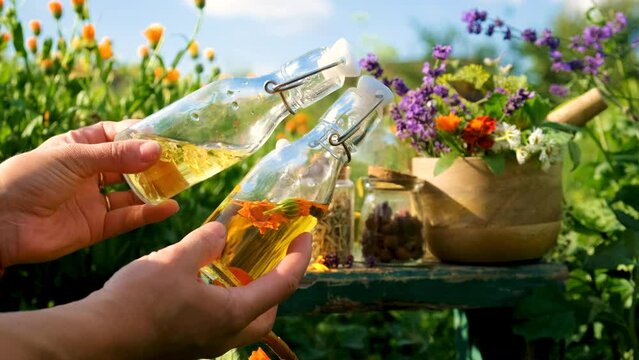 plant and herb tinctures and extracts. Selective focus.