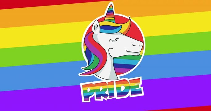Animation of pride text and unicorn over rainbow background