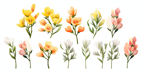 Set of freesia flowers isolated on white