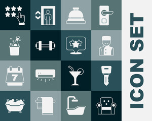 Set Armchair, Hotel door lock key, Concierge, service bell, Dumbbell, Bottle of champagne, Stars rating and icon. Vector