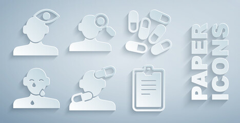 Set Sedative pills, Medicine or tablet, Tear cry eye, Psychological test, Finding problem psychology and Solution icon. Vector