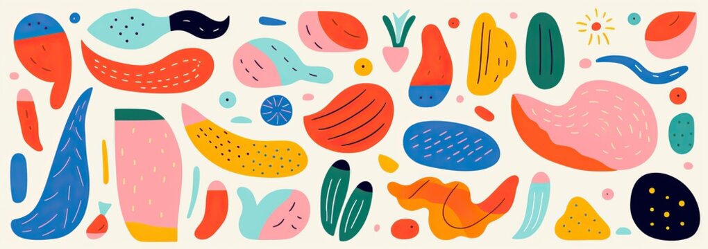 collage of a bright colored and abstract pattern, in the style of animated shapes, soft and rounded forms, minimalist illustrator,
