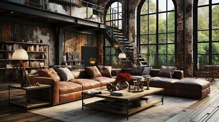 Fototapeta na wymiar Living room interior in loft, industrial style