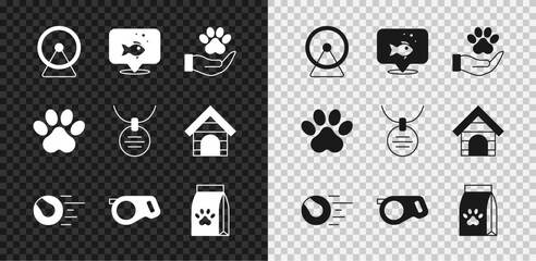 Set Hamster wheel, Fish, Hands with animals footprint, Pet toys ball, Retractable cord leash, Bag of food for pet, Paw and Collar name tag icon. Vector