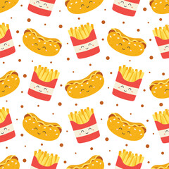 seamless pattern with hot dog and french fries