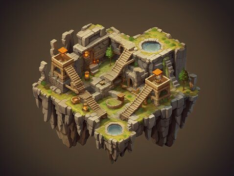 game level design mobile app mockup inspired by heroic fantasy with rocks and mines, reworked and enhanced ai generated mattepainting illustration